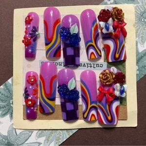 Colorful Floral Press On Nails Set - Summer Fun Collection - Size Large